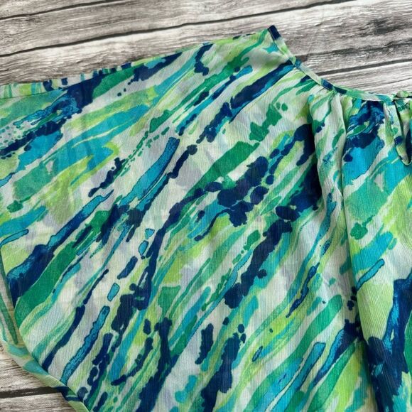 Willi Smith Women's Lightweight Sheet Blouse XL Extra Large Green Blue White Top - Picture 5 of 15